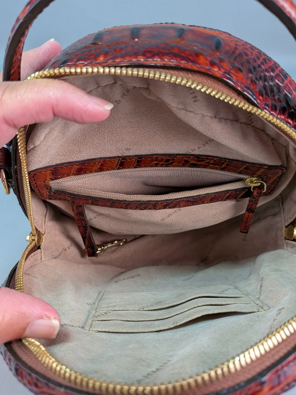 BRAHMIN Lane Circle Melbourne Pecan Crossbody Croc Embossed Leather Microfiber